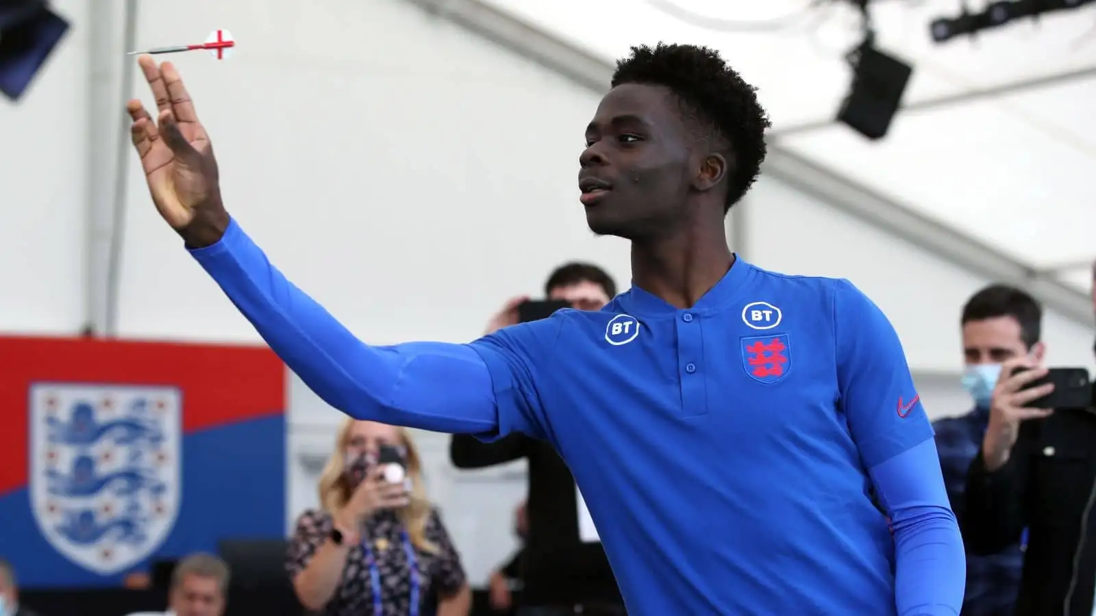 Bukayo Saka playing darts, England media day, World Cup 2022 preview St George's Park