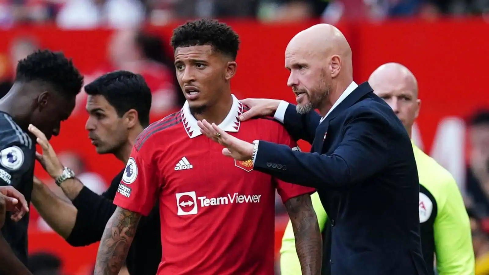 Jadon Sancho, Erik ten Hag, Manchester United during Premier League game v Arsenal at Old Trafford