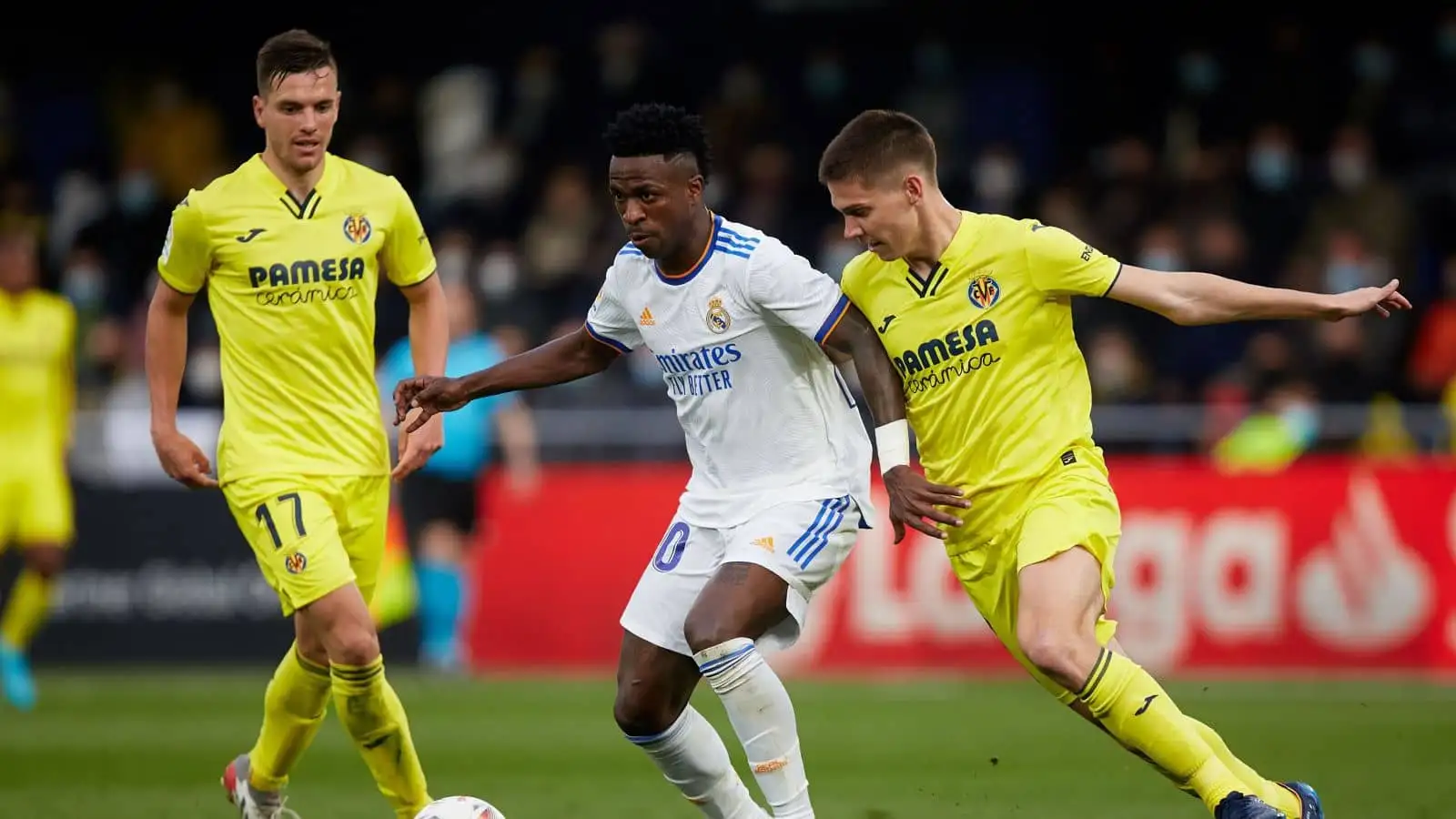 Giovani Lo Celso, Vinicius Jnr, Juan Foyth, Real Madrid v Villarreal in LaLiga