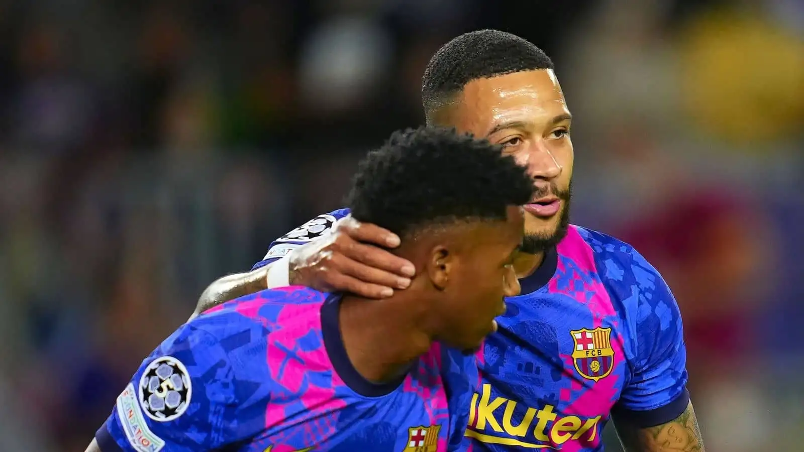 Ansu Fati and Memphis Depay of FC Barcelona during the UEFA Champions League match between FC Barcelona v FC Dynamo Kiev played at Camp Nou Stadium Stadium