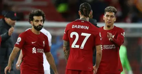 Liverpool forwards Mohamed Salah. Darwin Nunez and Roberto Firmino