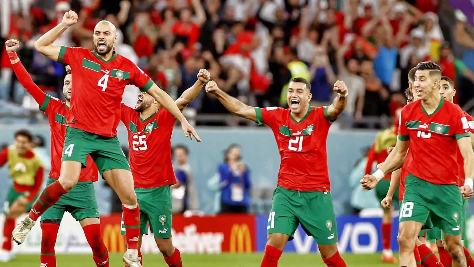 Sofyan Amrabat (4) Walid Cheddira (21) Jawed el Yamiq (18), Morocco players Stadium Education City, World Cup round of 16 between Morocco - Spain 0-0. Morocco wins after penalty kicks
