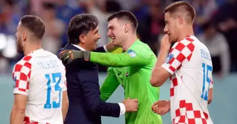 Croatia manager Zlatko Dalic celebrating with Dominik Livakovic