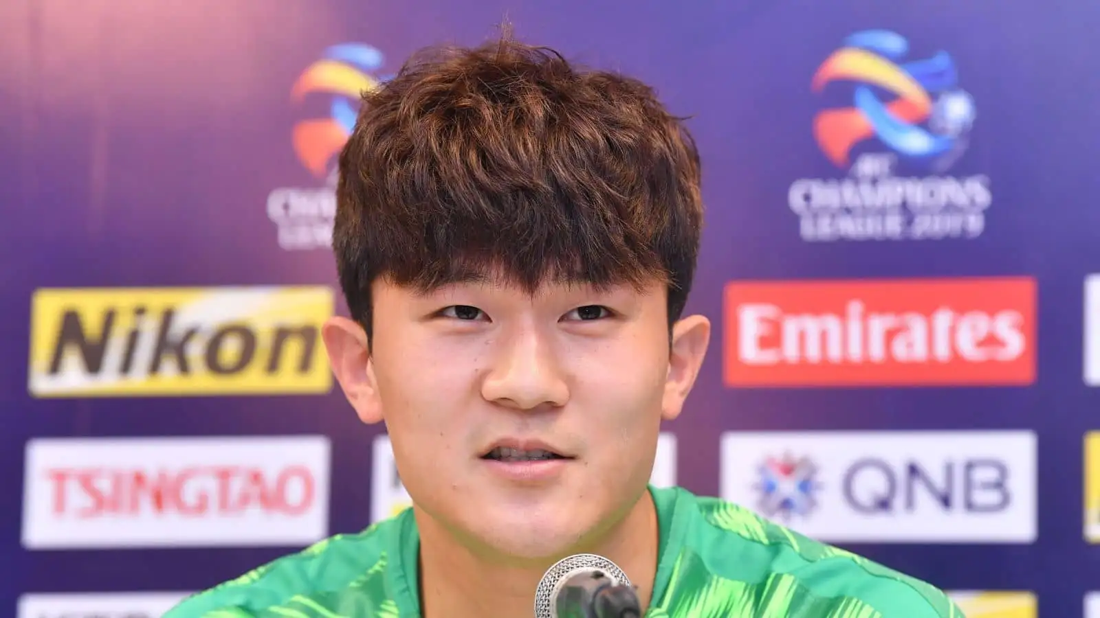 South Korean football player Kim Min-jae of China's Beijing Sinobo Guoan attends a press conference before the group G match against Thailand's Burira