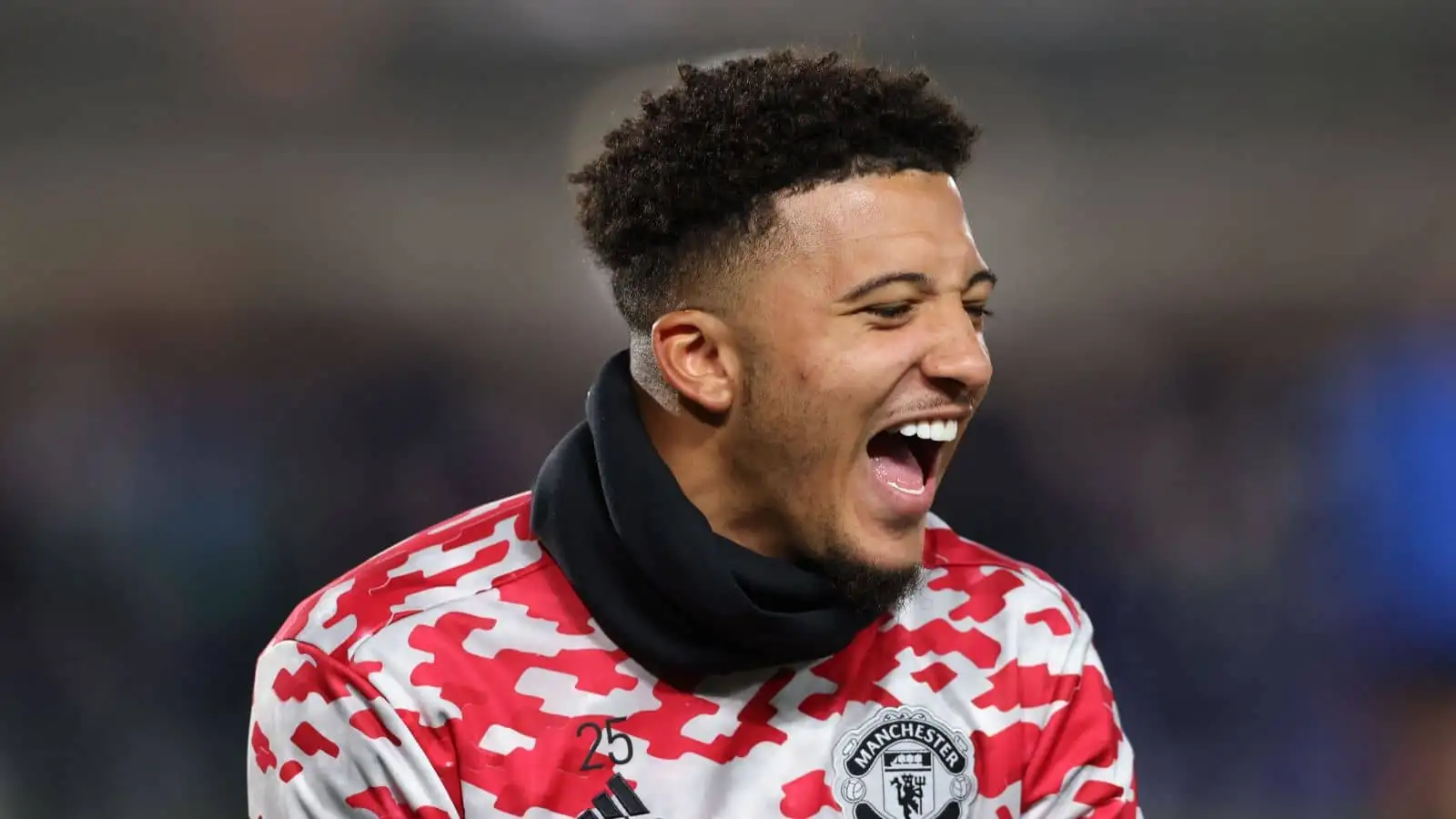 Jadon Sancho of Manchester United during the warm up prior to the UEFA Champions League match at Stadio di Bergamo, Bergamo