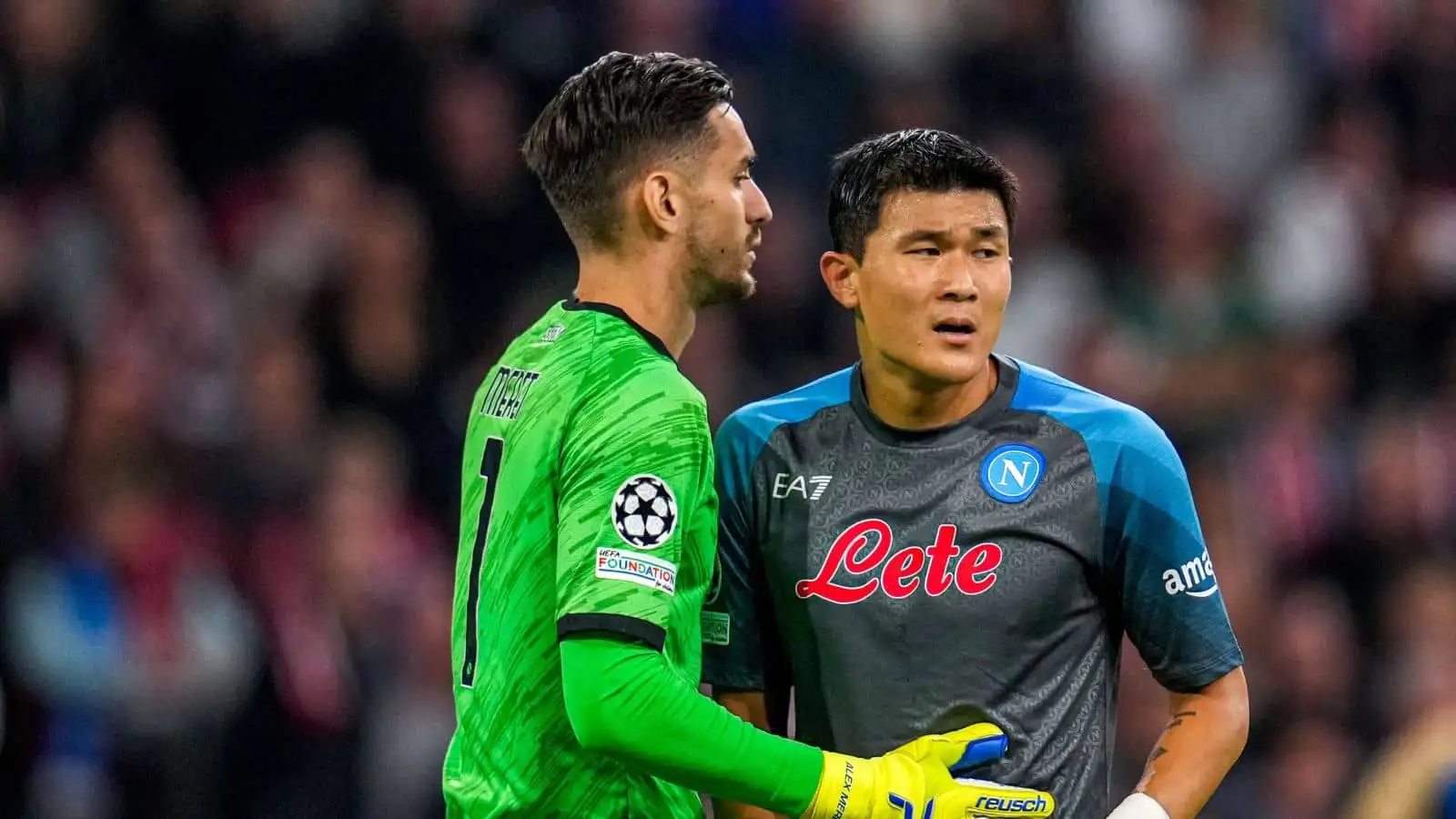 Goalkeeper Alex Meret of Napoli, Minjae Kim of Napoli during the UEFA Champions League match between Ajax and Napoli at Johan Cruijff ArenA on October 4, 2022 in Amsterdam, Netherlands