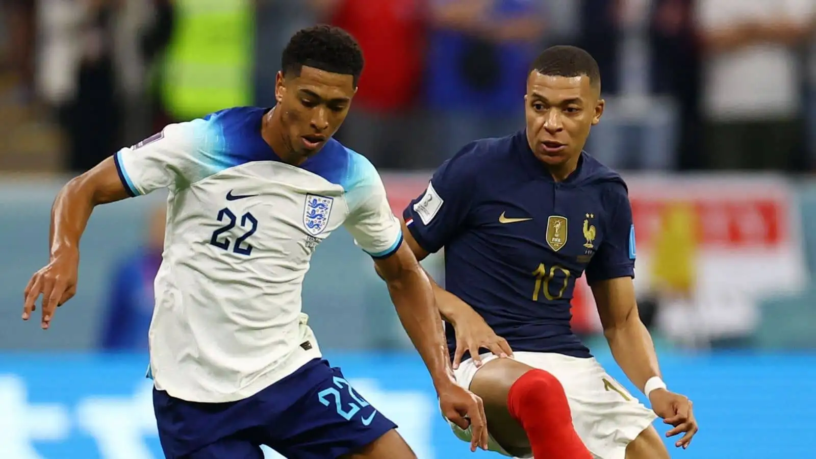 Jude Bellingham, Kylian Mbappe England v France at FIFA World Cup Qatar 2022 - Quarter Final - England v France - Al Bayt Stadium, Al Khor, Qatar