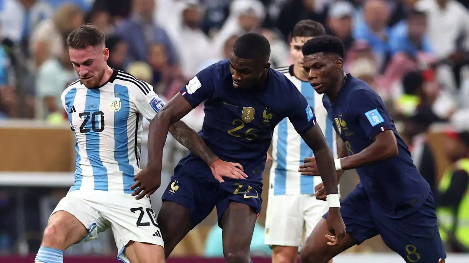 Alexis Mac Allister and Marcus Thuram competing in the World Cup final between Argentina and France