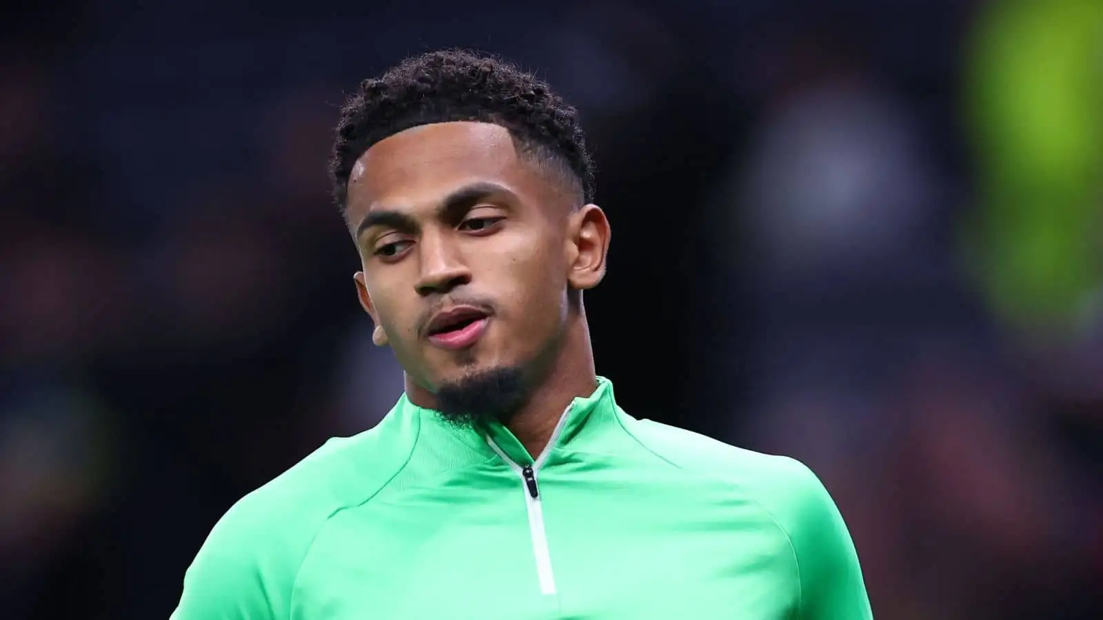 Marcus Edwards of Sporting Lisbon warms up before the UEFA Champions League match at the Tottenham Hotspur Stadium, London