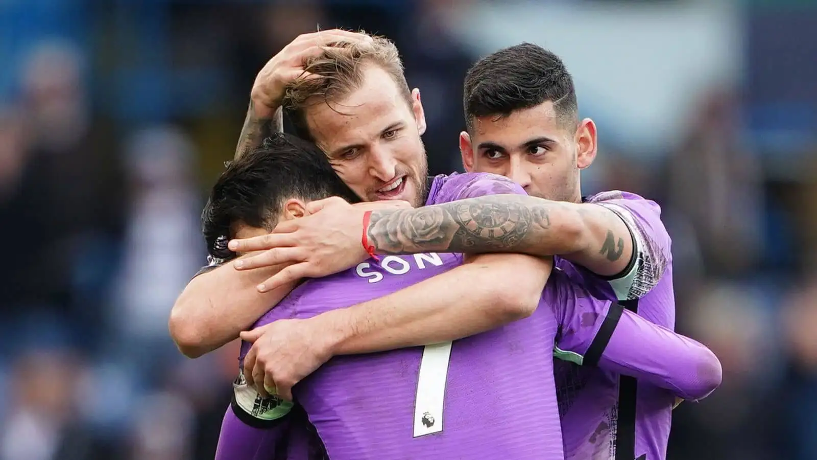 Tottenham Hotspur's Son Heung-min (left) celebrates with Harry Kane (centre) and Cristian Romero after scoring their side's fourth goal of the game during the Premier League match at Elland Road, Leeds
