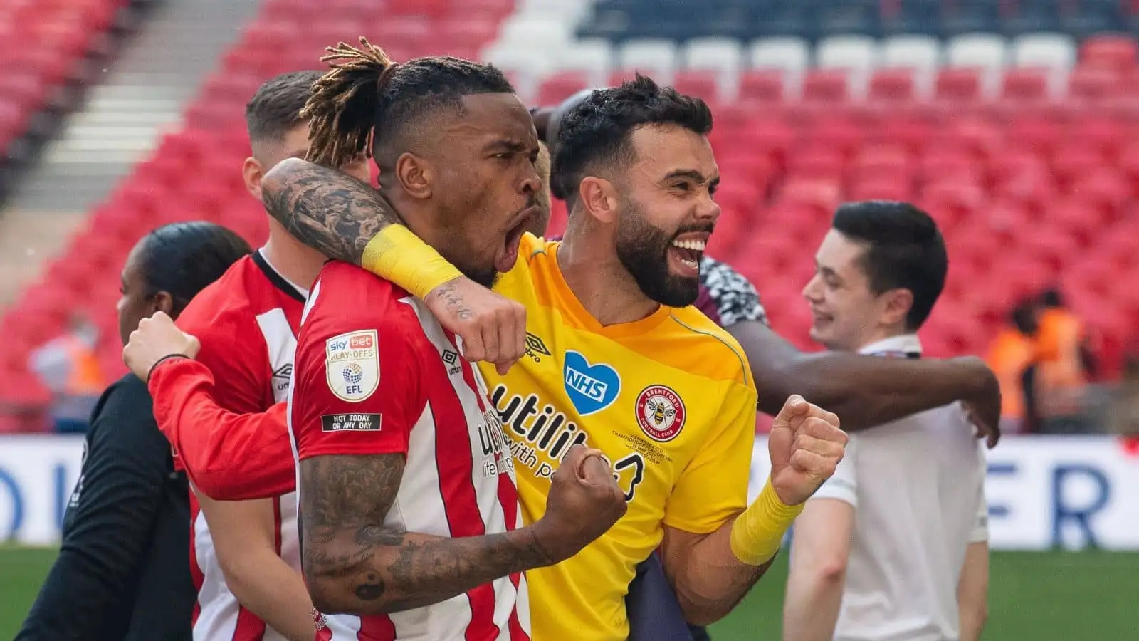 Brentford goalkeeper David Raya Martin and Brentford Ivan Toney after the Sky Bet Championship play-off Final match between Brentford and Swansea City at Wembley Stadium, London