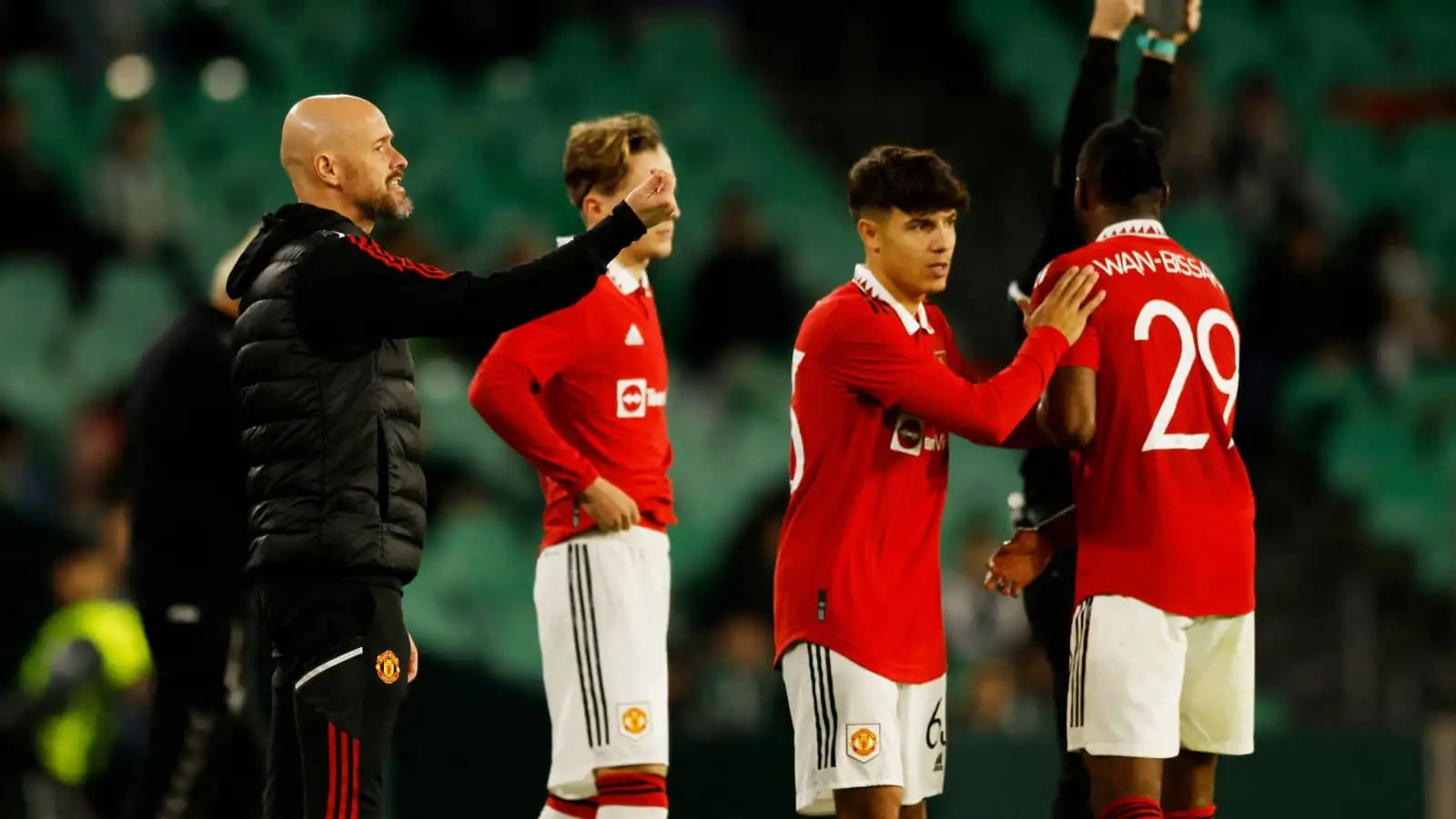 Man Utd manager Erik ten Hag along with stars Charlie Savage, Marc Jurado and Aaron Wan-Bissaka