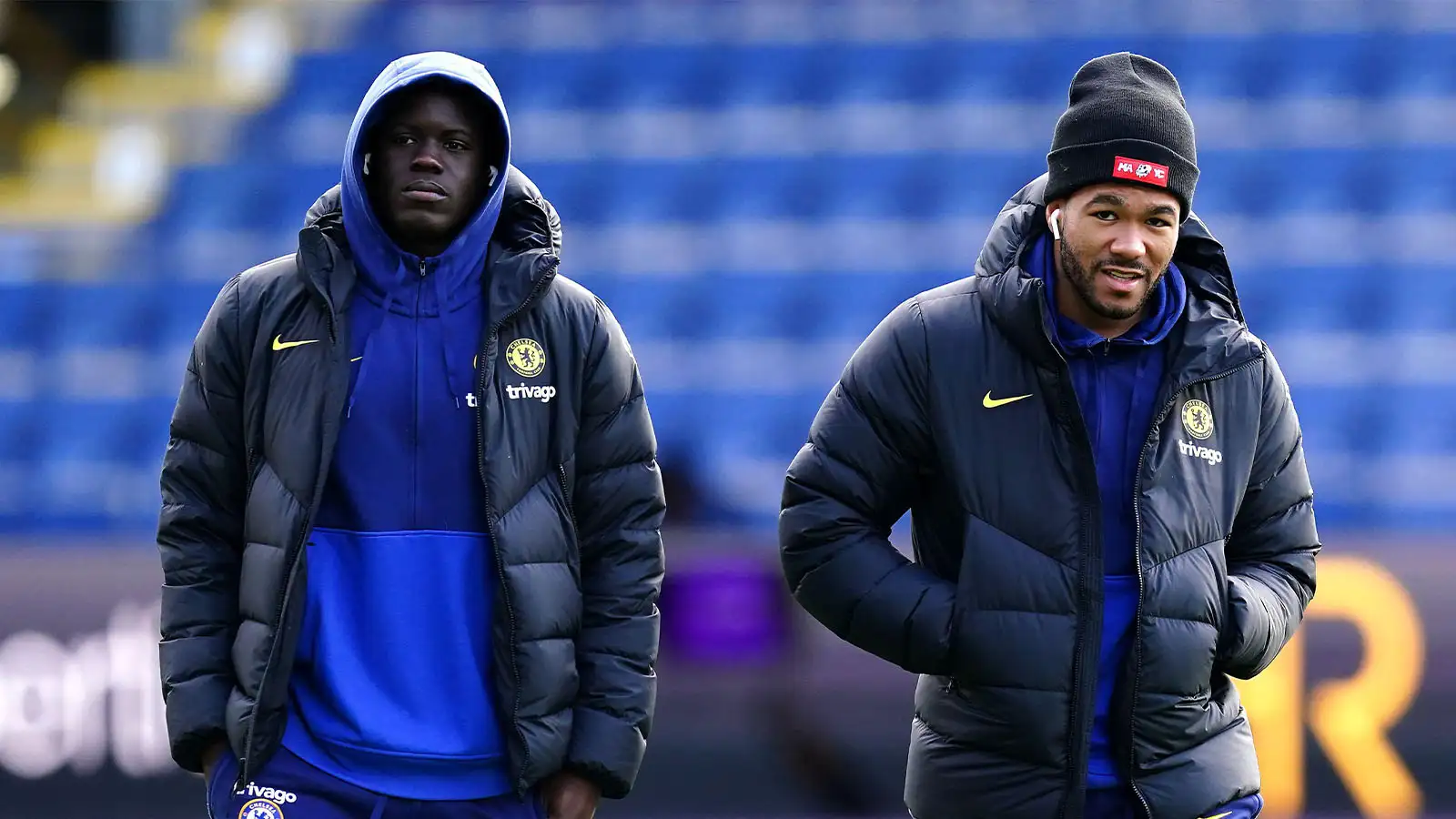 Chelsea's Reece James (right) and Malang Sarr inspect the pitch before the Premier League match at Turf Moor, Burnley.