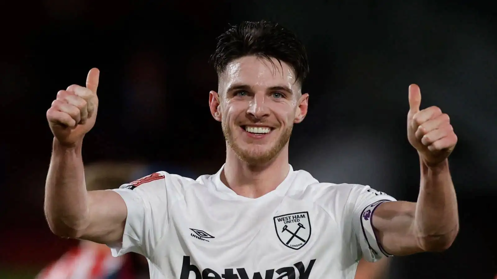 Declan Rice, West Ham Utd, celebrates after FA Cup third-round win over Brentford at Brentford Community Stadium