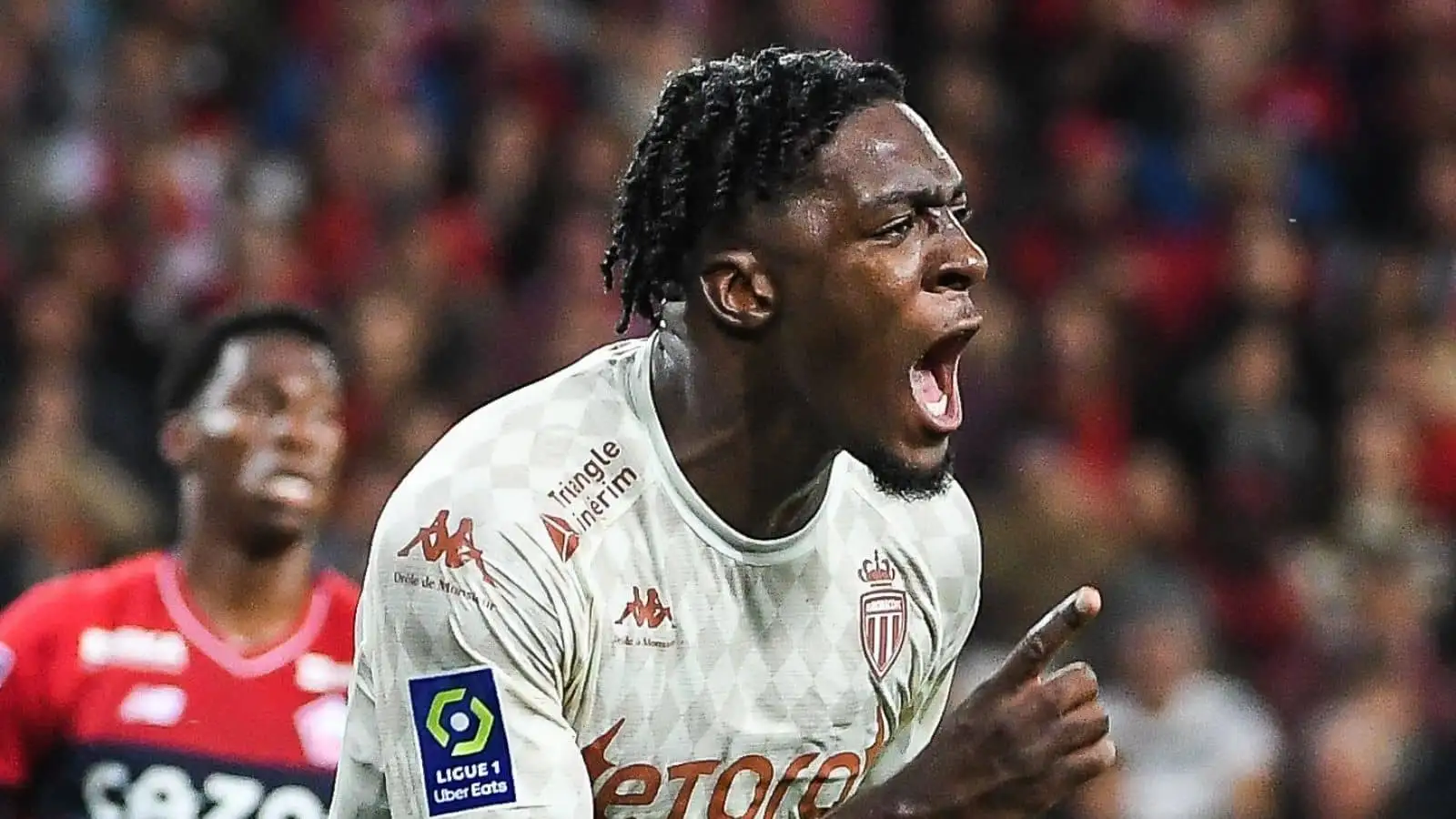 Axel Disasi of Monaco celebrates his goal during the Ligue 1 match between Lille OSC (LOSC) and AS Monaco at Pierre Mauroy Stadium on October 23, 2022 in Villeneuve-d'Ascq near Lille