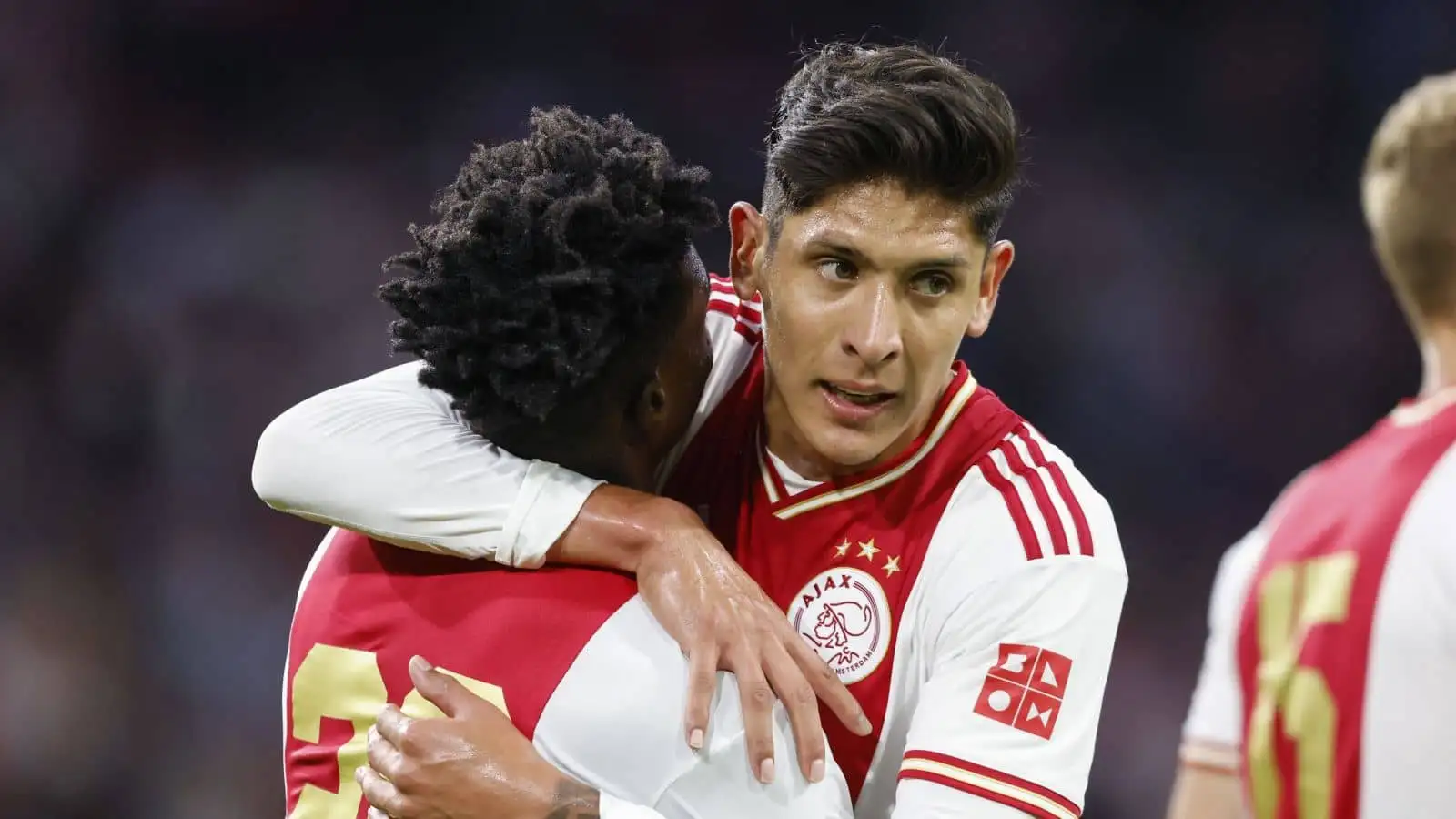 Mohammed Kudus, Edson Alvarez, Ajax, celebrate at the Johan Cruijff Arena