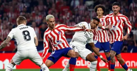 Real Madrid stars Toni Kroos and Rodrygo battling Atletico Madrid attacker Antoine Griezmann