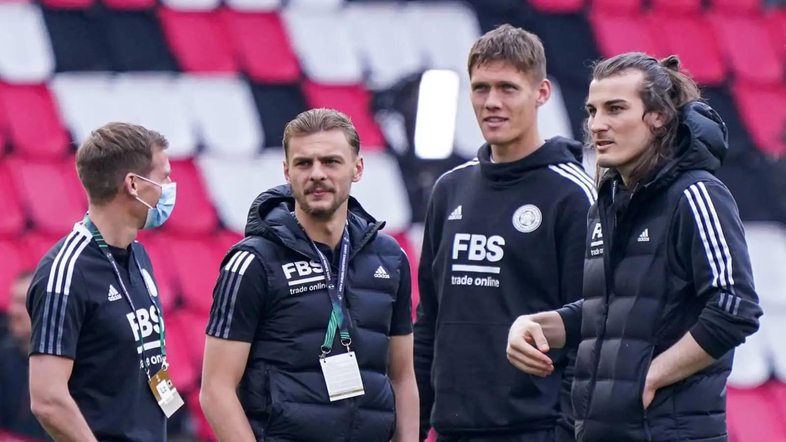 Kiernan Dewsbury-Hall, Jannik Vestergaard and Caglar Soyuncu of Leicester