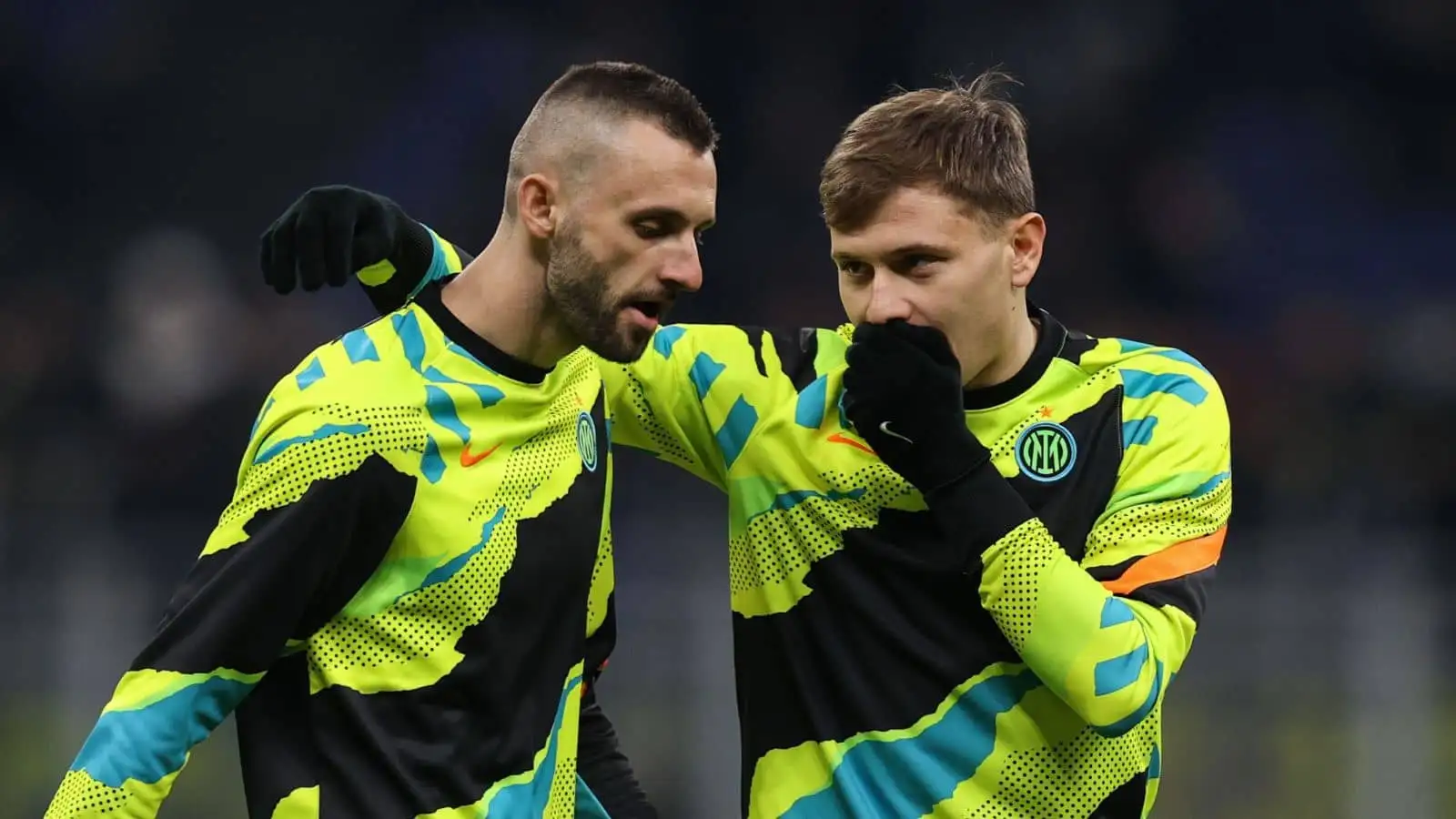 Nicolo Barella (FC Internazionale) and Marcelo Brozovic (FC Internazionale) chat during warm up during Inter - FC Internazionale vs Shakhtar Donetsk, UEFA Champions League football match in Milan, Italy, November 24 2021