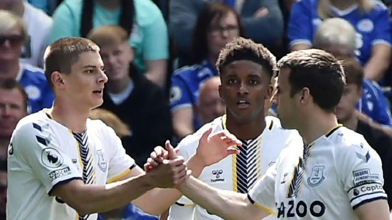 Vitaliy Mykolenko, Seamus Coleman, Demarai Gray, Everton, May 2022