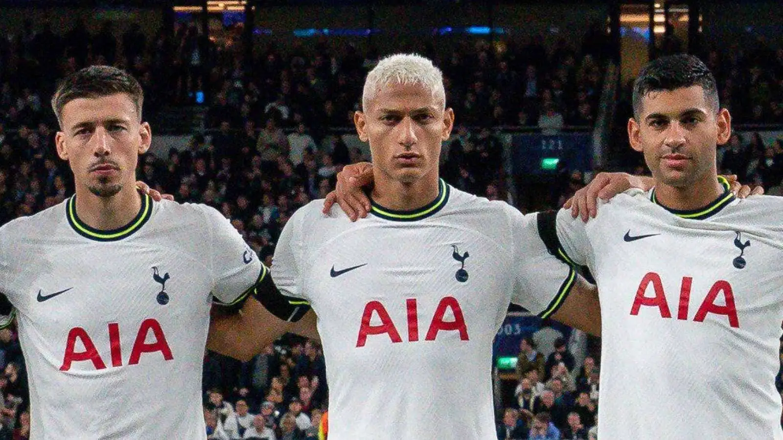 Clement Lenglet, Richarlison and Cristian Romero of Tottenham