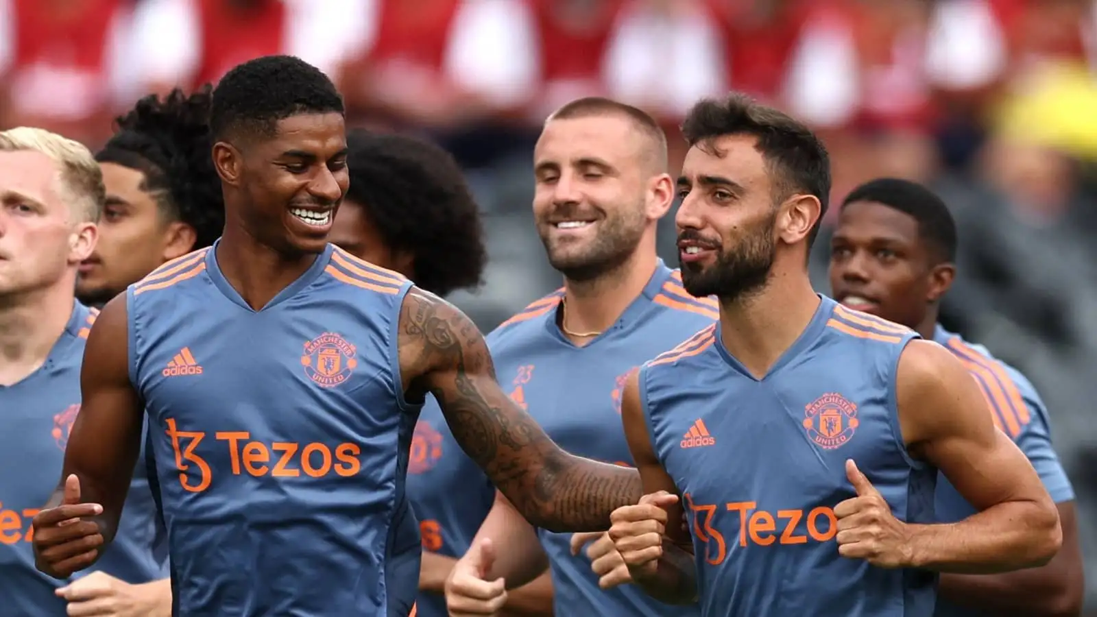 Marcus Rashford, Luke Shaw and Bruno Fernandes of Man Utd