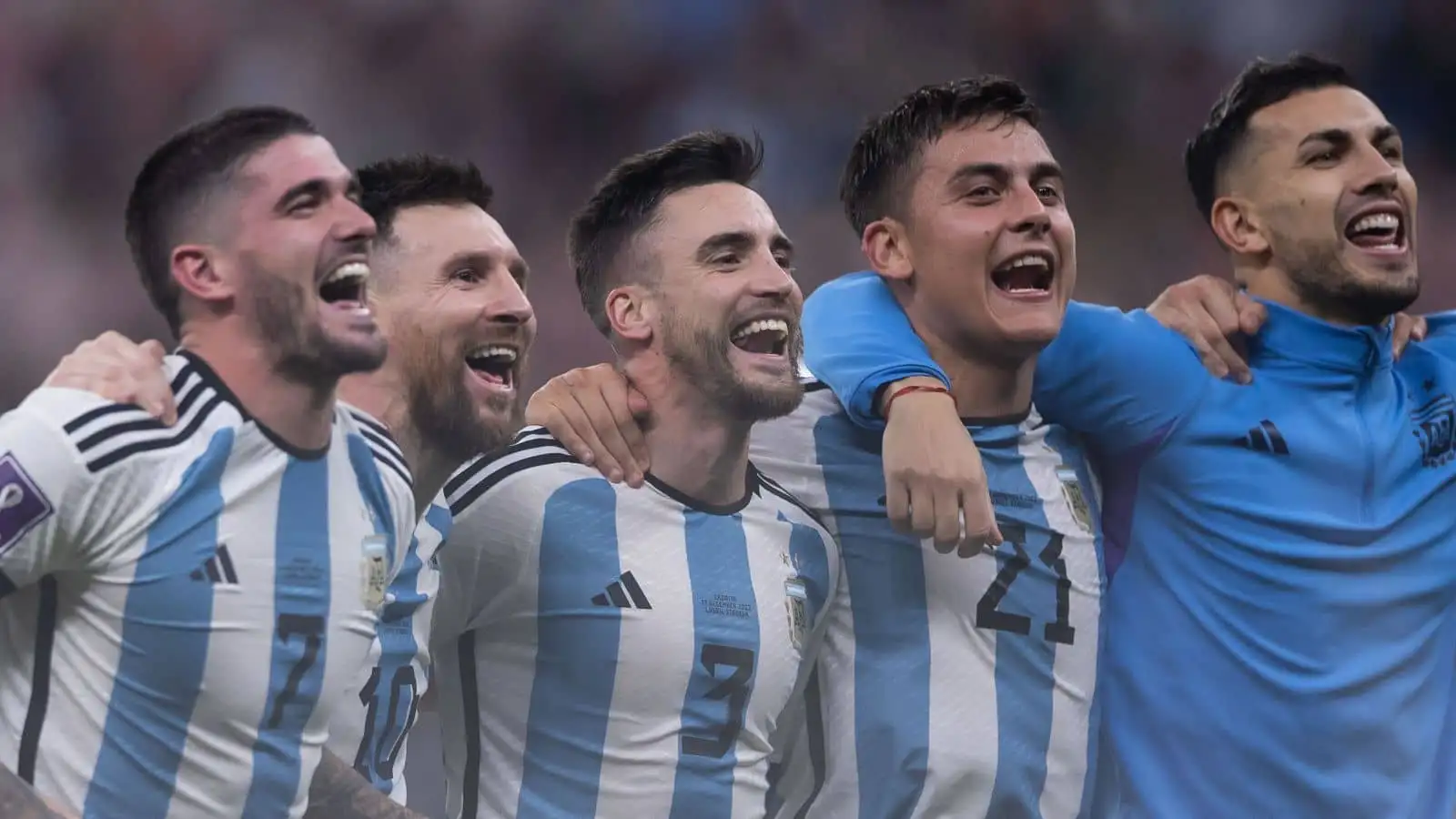 Rodrigo De Paul, Lionel Messi, Julian Alvarez, Paulo Dybala, Leandro Parades Argentina players celebrate victory at the end of the match against Croatia at Lusail stadium for the 2022 World Cup championship