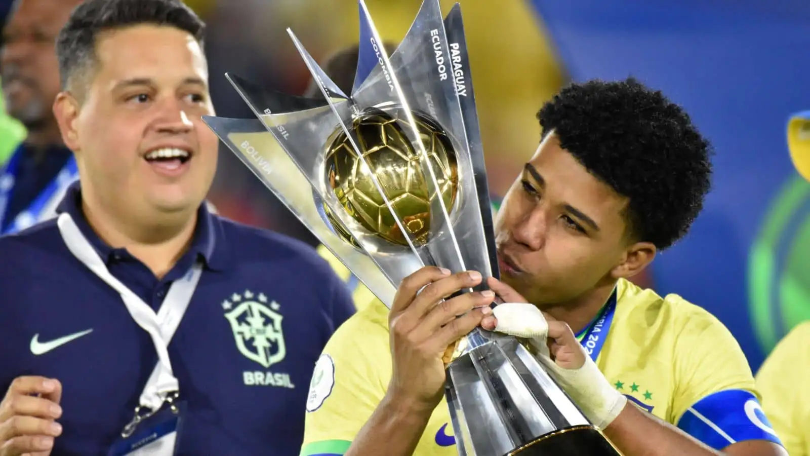Brazil's Andrey Santos kisses the champions trophy after winning the South American U-20 Conmebol Tournament match between Brazil and Uruguay