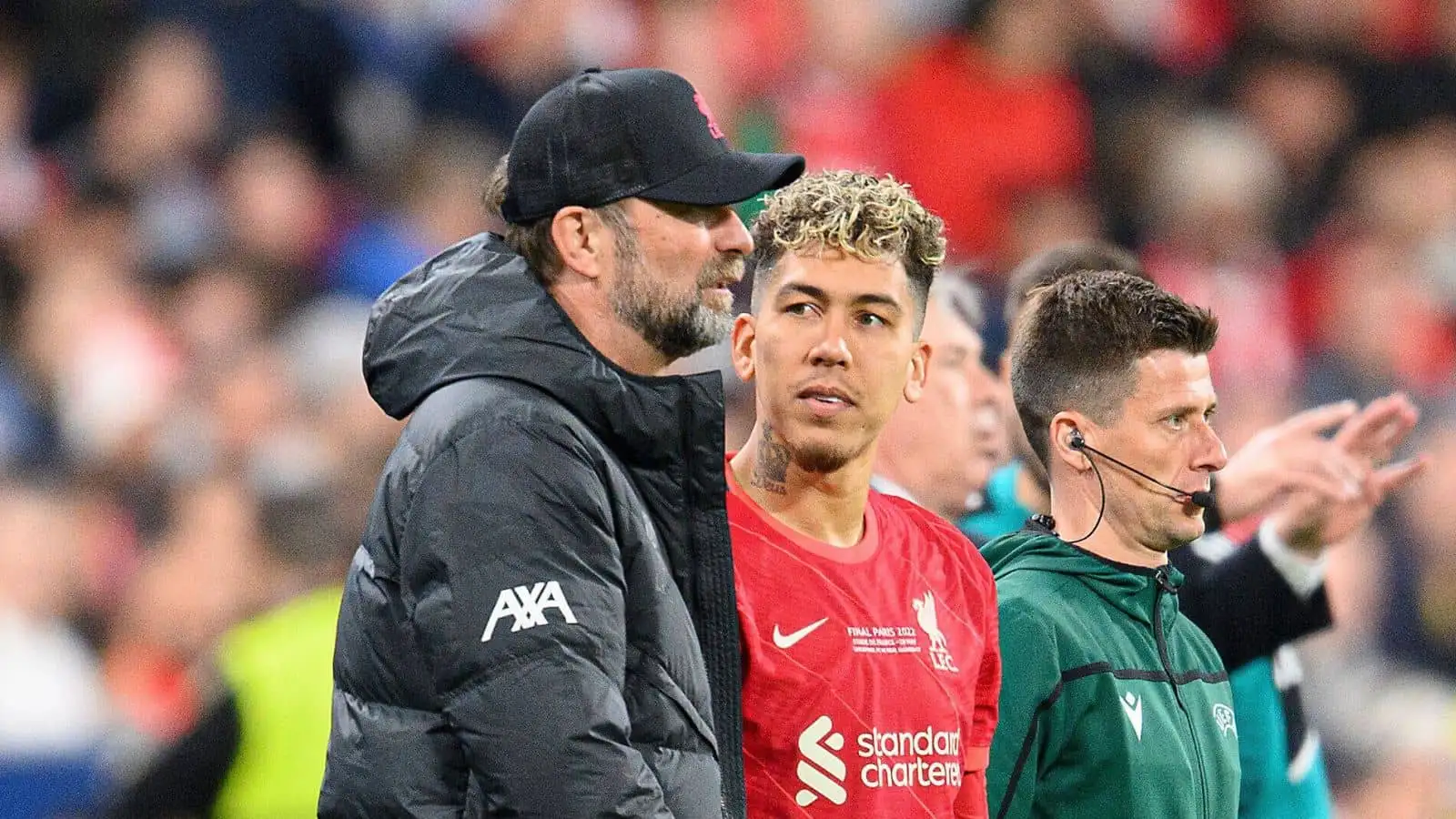 Roberto Firmino with Jurgen Klopp during Liverpool's UCL final against Real Madrid in Paris