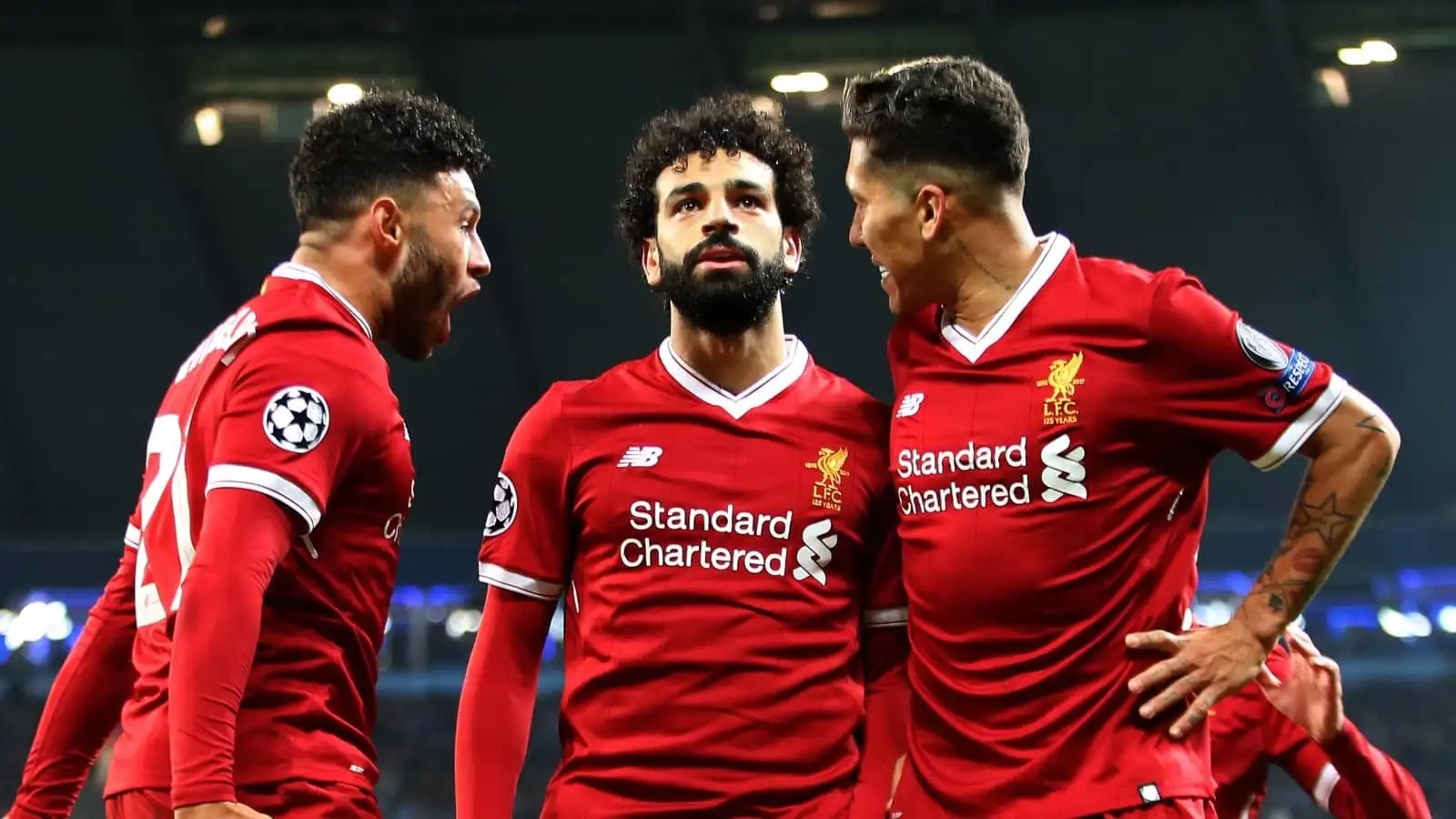 Alex Oxlade-Chamberlain, Mo Salah and Roberto Firmino of Liverpool