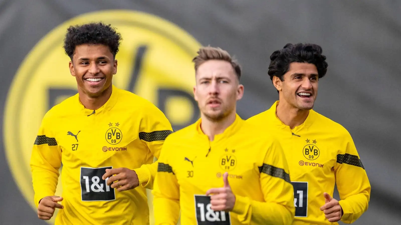 Karim Adeyemi, Felix Passlack and Mahmoud Dahoud of Dortmund