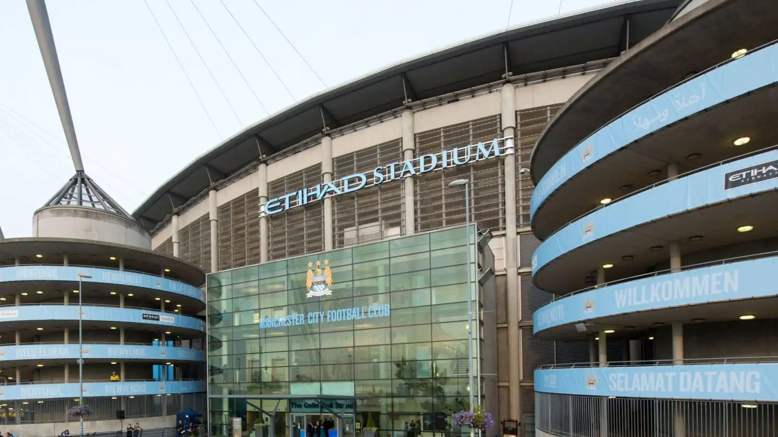 An external view of the Etihad Stadium, home of Manchester City Football Club
