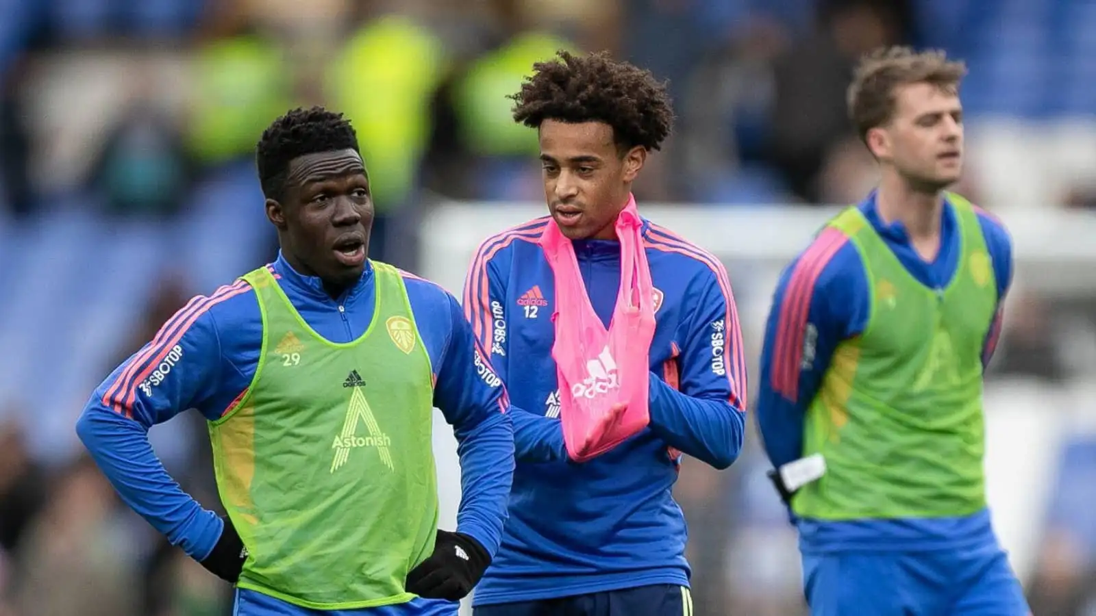 Wilfried Gnonto, Tyler Adams and Patrick Bamford of Leeds United