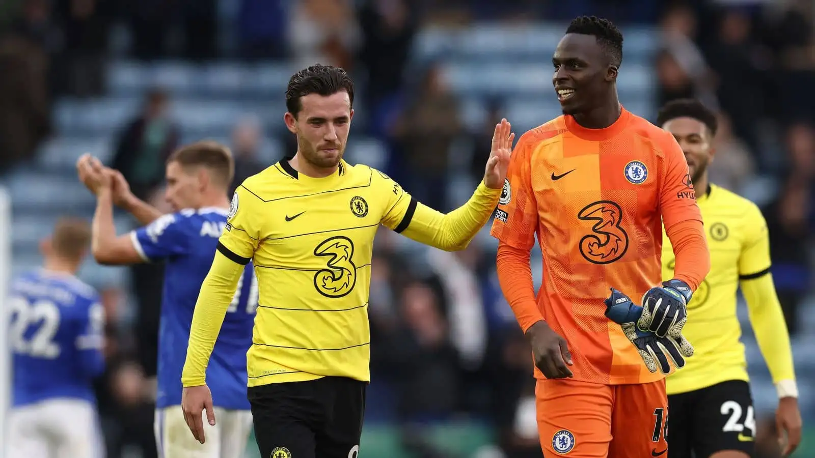 Edouard Mendy and Ben Chilwell of Chelsea after the Premier League match at the King Power Stadium, Leicester.