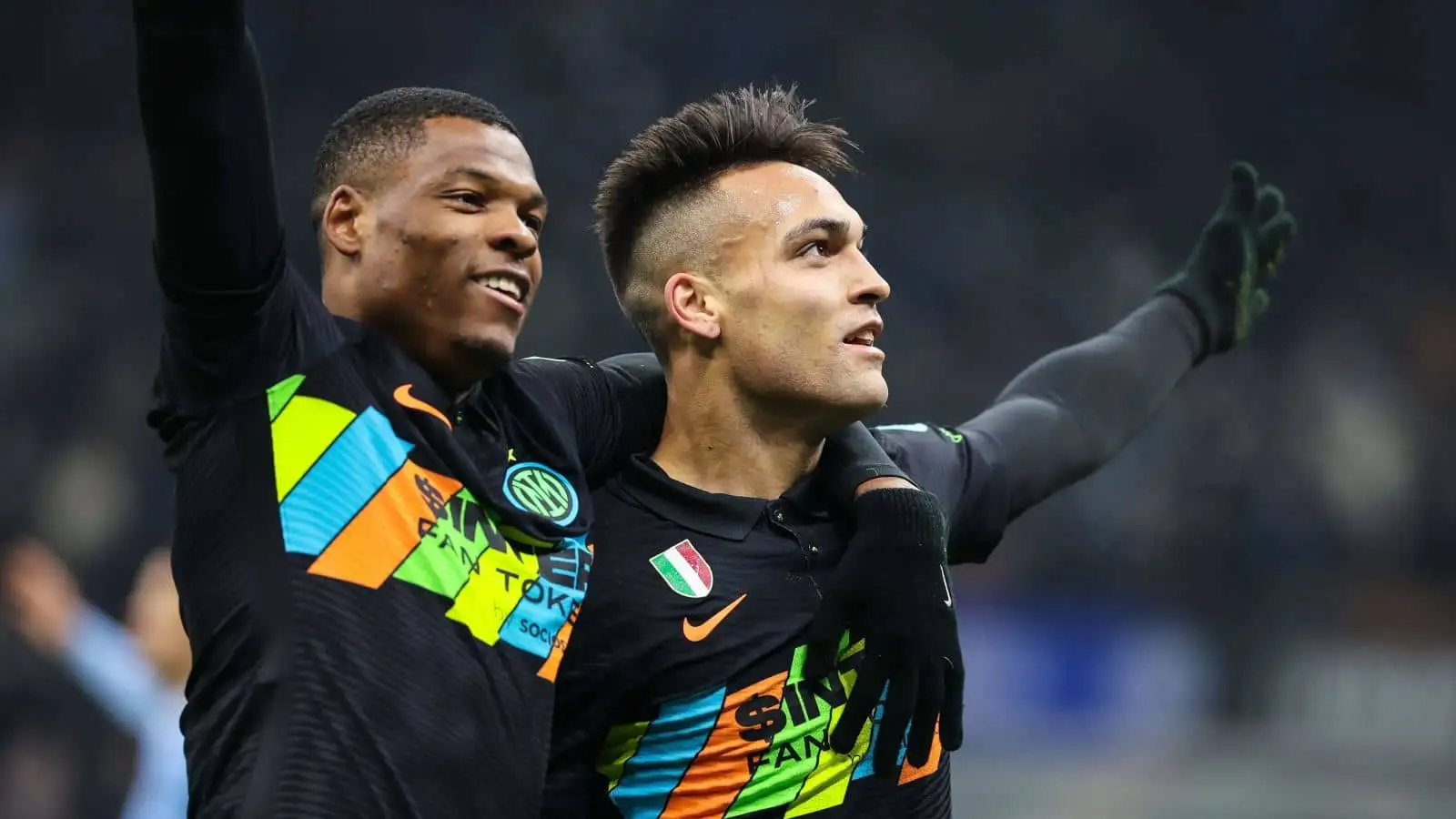 Denzel Dumfries of FC Internazionale and Lautaro Martinez of FC Internazionale celebrate during the Serie A 2021/22 football match between FC Internazionale and SS Lazio at Giuseppe Meazza Stadium, Milan