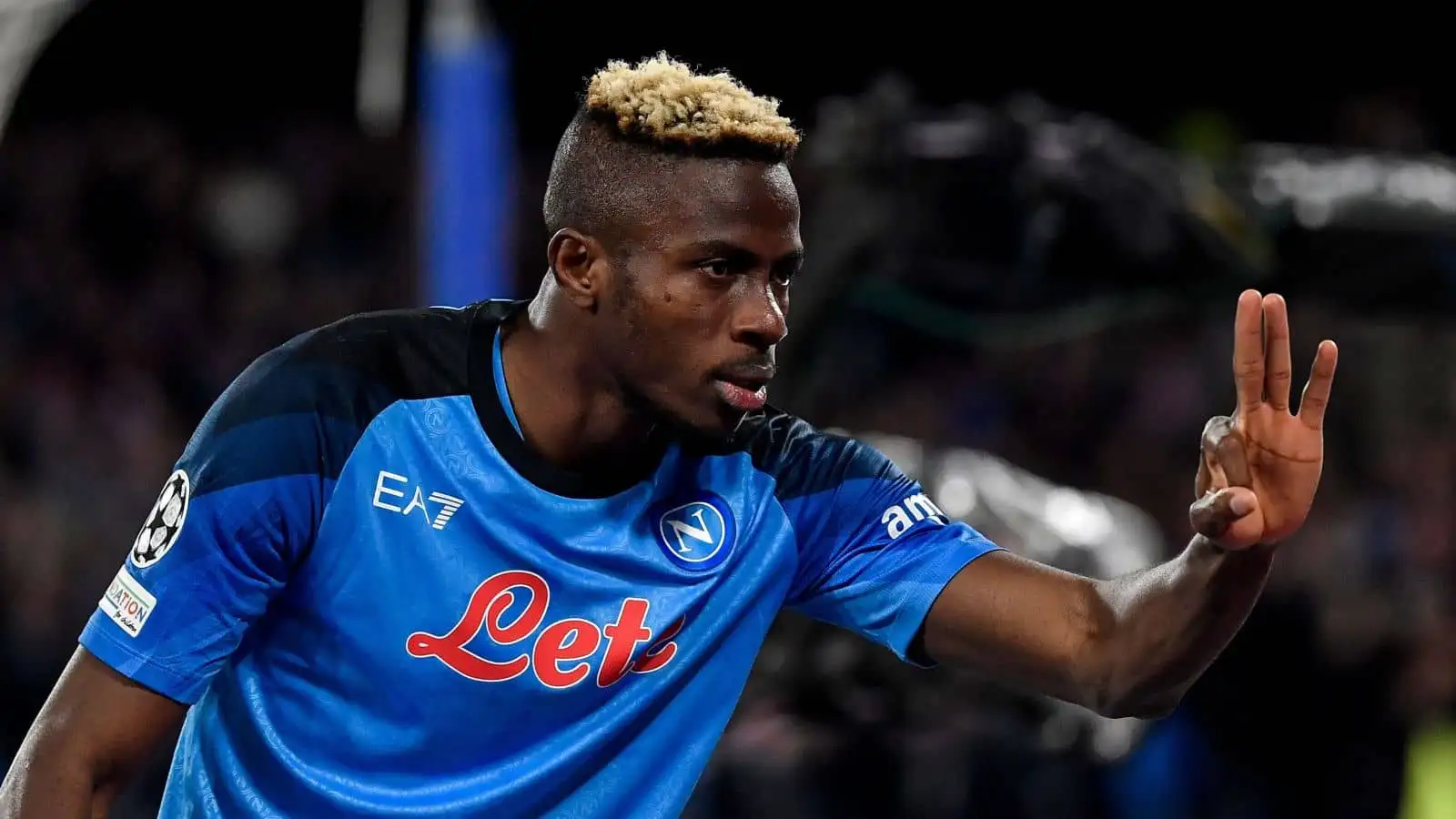 Victor Osimhen of SSC Napoli celebrates after scoring the goal of 1-0 during the Champions League football match between SSC Napoli and Eintracht Frankfurt at Diego Armando Maradona stadium in Napoli