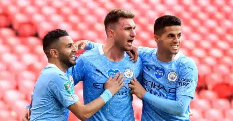 Riyad Mahrez, Aymeric Laporte and Joao Cancelo of Man City