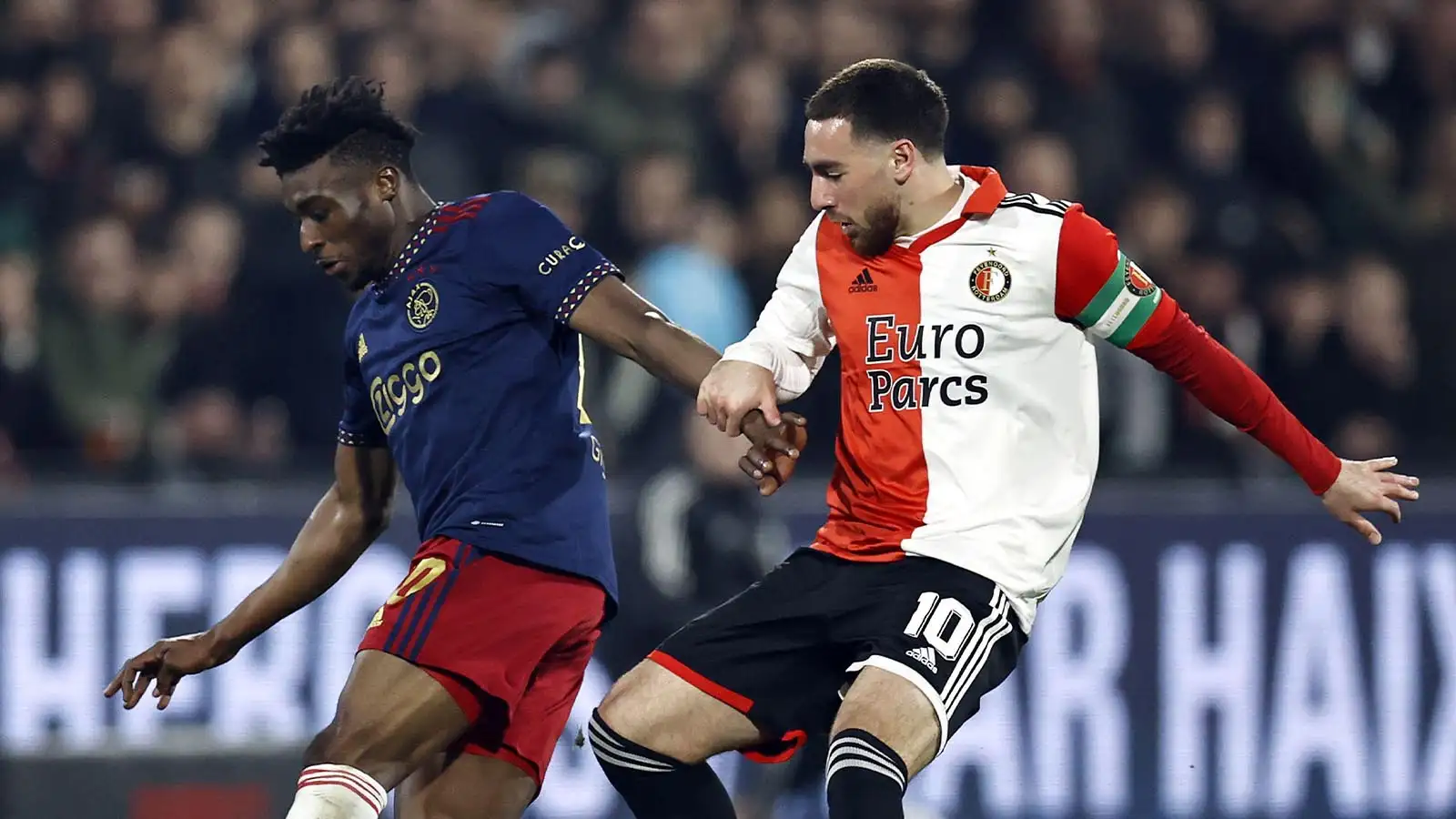 Mohammed Kudus of Ajax, Orkun Kokcu of Feyenoord during the Semifinal of the KNVB Cup match between Feyenoord and Ajax at Feyenoord Stadion