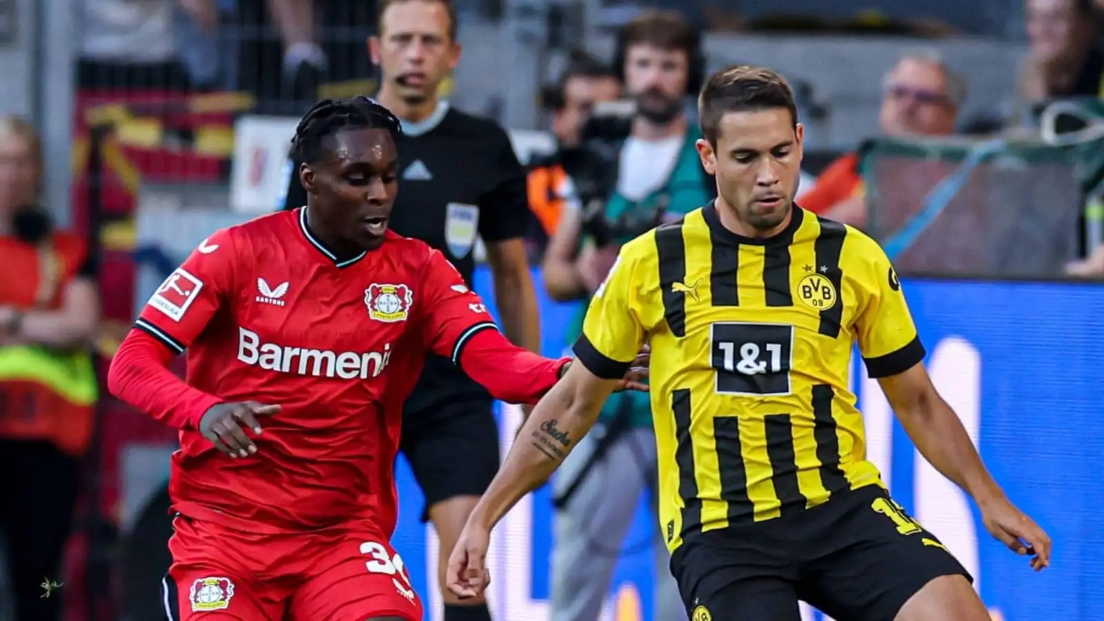 Jeremie Frimpong and Raphael Guerreiro, Leverkusen vs Dortmund