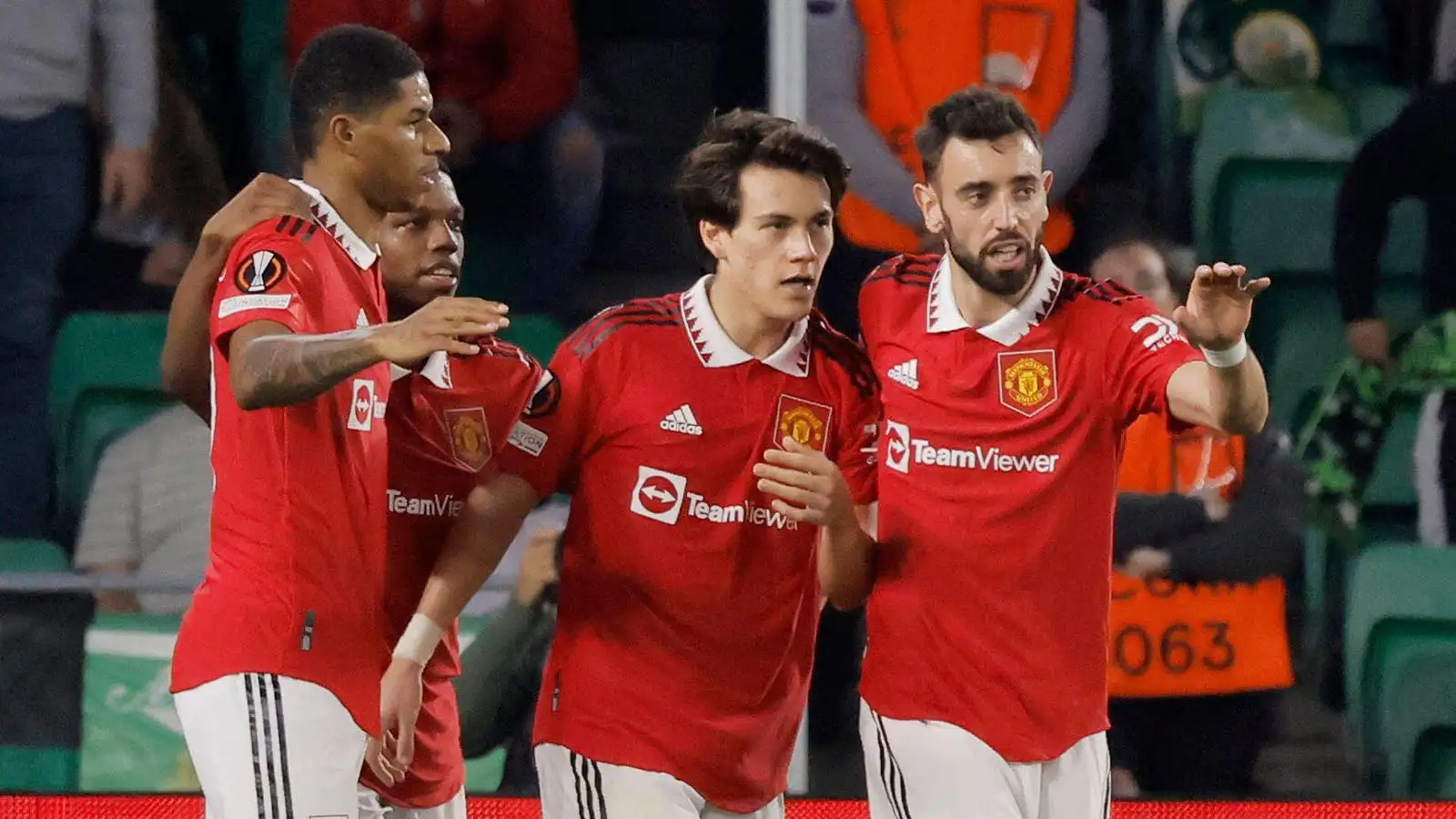 Europa League - Round of 16 - Second Leg - Real Betis v Manchester United - Estadio Benito Villamarin, Seville, Spain - March 16, 2023 Manchester United's Marcus Rashford celebrates scoring their first goal with Bruno Fernandes, Tyrell Malacia and Facundo Pellistri