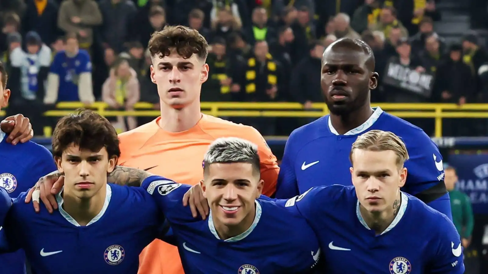 Joao Felix, Enzo Fernandez, Mykhaylo Mudryk, Kepa Arrizabalaga and Kalidou Koulibaly of Chelsea