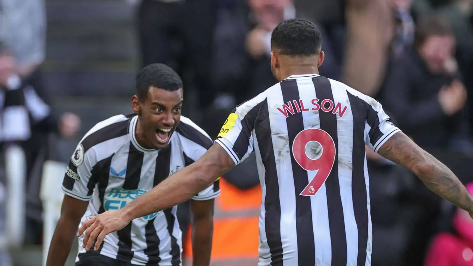Alexander Isak of Newcastle United celebrates his goal to make it 1-0 with Callum Wilson of Newcastle United during the Premier League match Newcastle United vs Fulham at St. James's Park, Newcastle