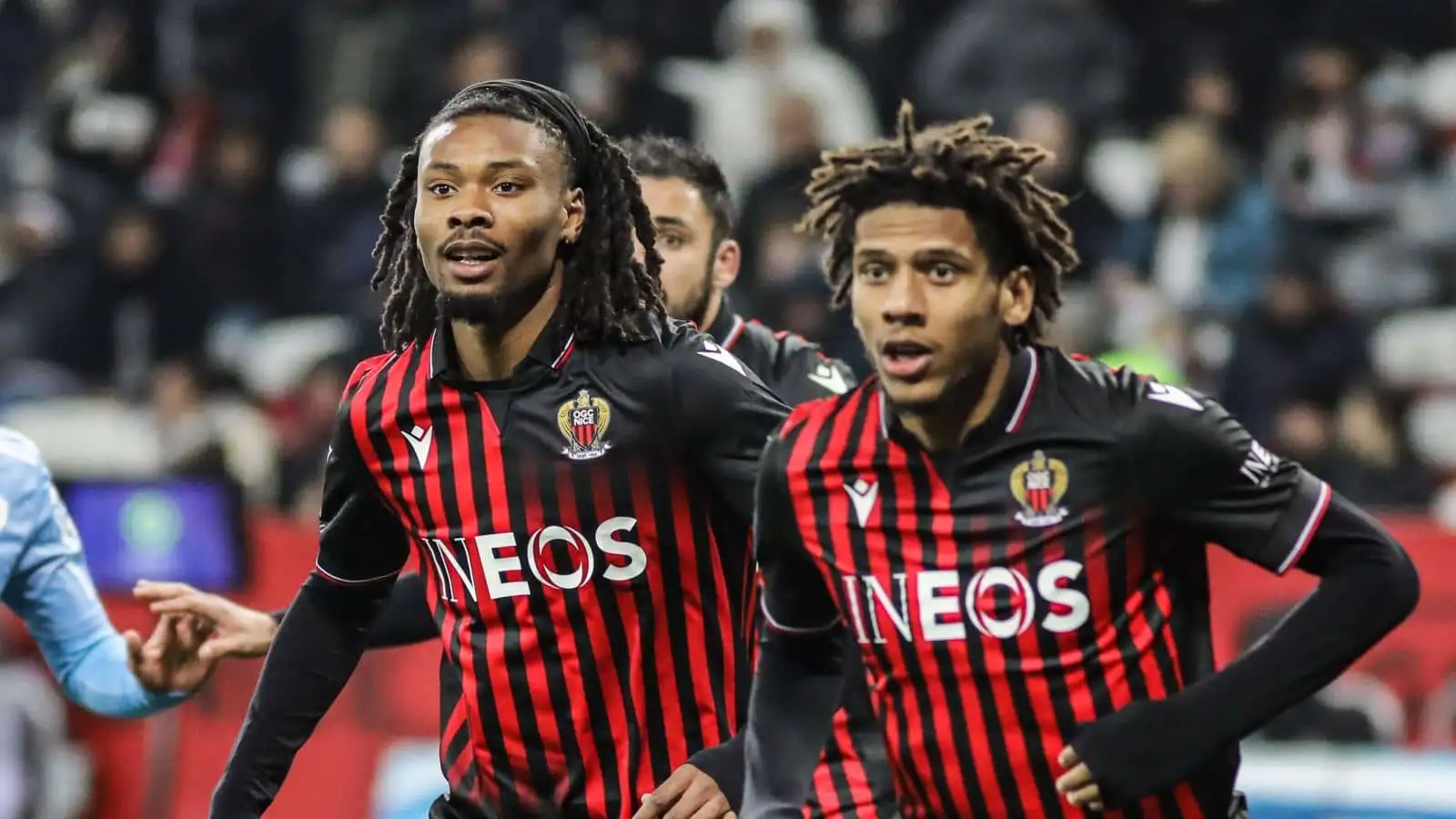 Khephren Thuram and Jean-Clair Todibo Of Nice in Ligue 1 action against AC Ajaccio