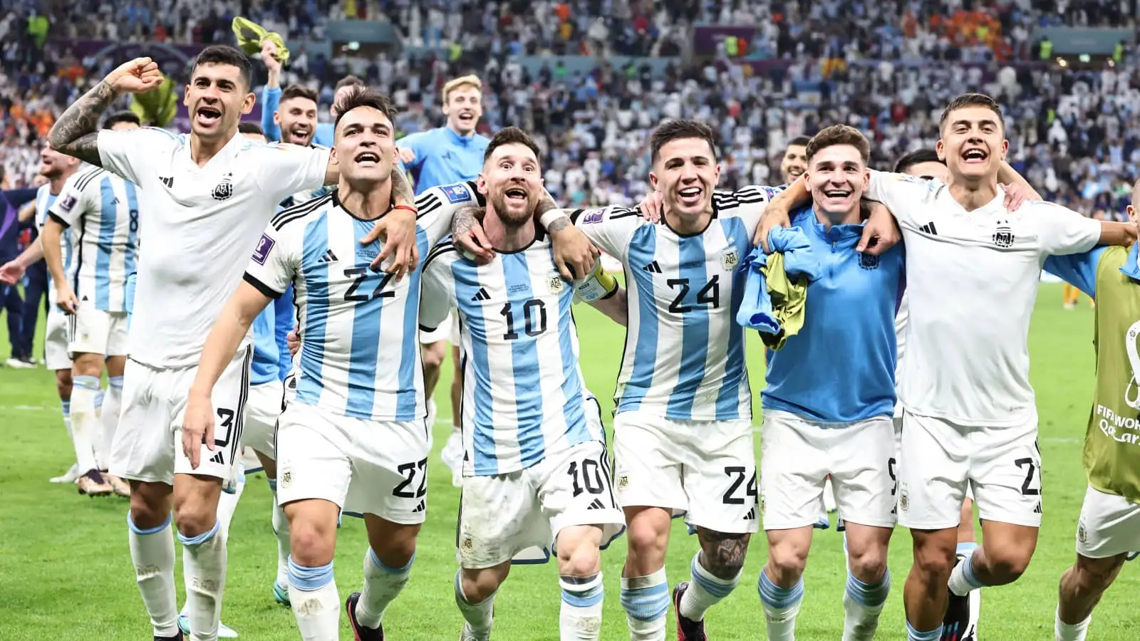 Argentina stars Cristian Romero, Lautaro Martinez, Lionel Messi, Enzo Fernandez, Julian Alvarez and Paulo Dybala