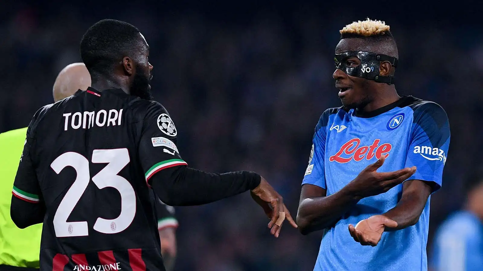 Victor Osimhen of SSC Napoli and Fikayo Tomori of AC Milan during the UEFA Champions League match between Napoli and AC Milan at Stadio Diego Armando Maradona, Naples, Italy on 18 April 2023