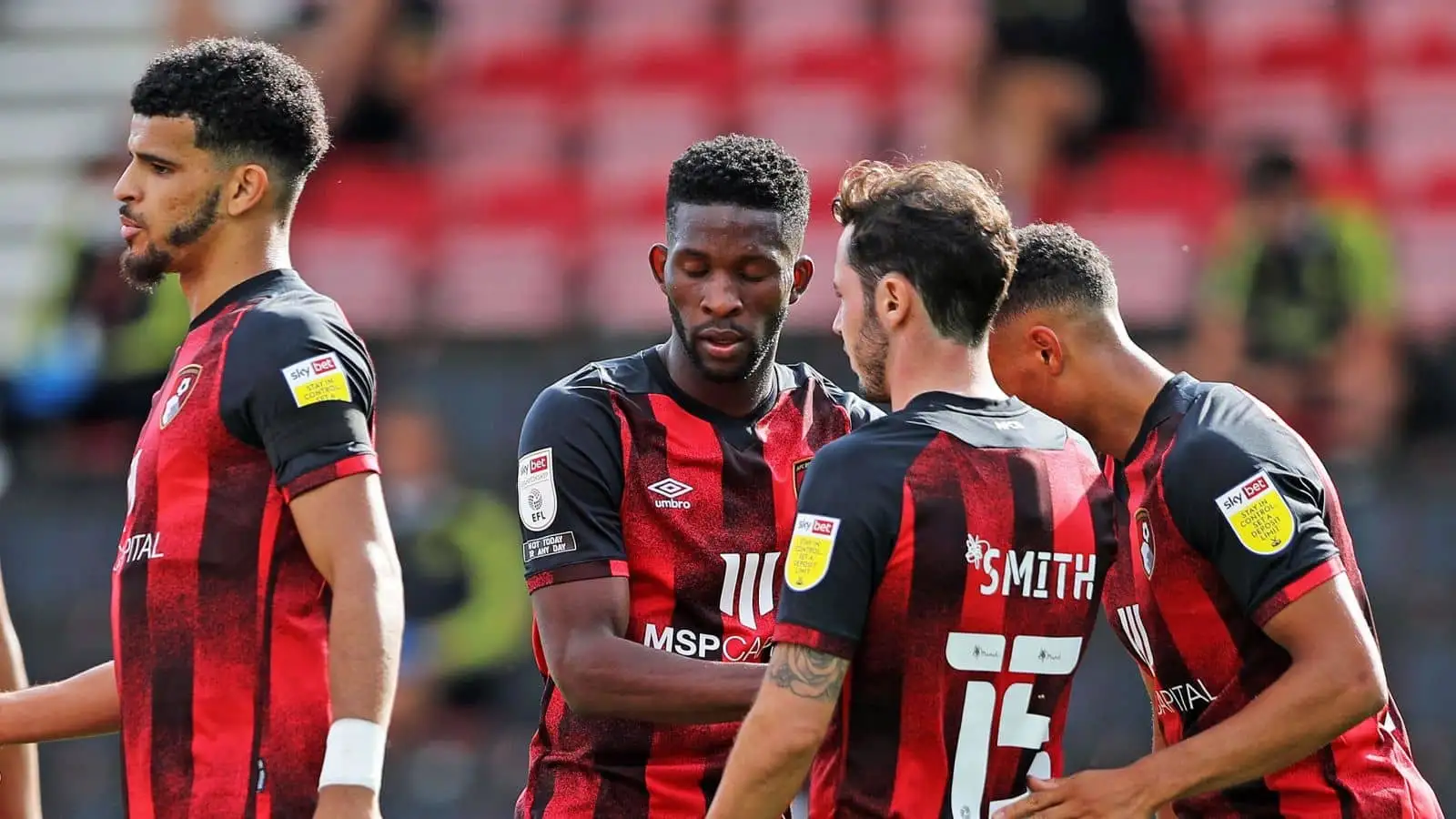 Dominic Solanke and Jefferson Lerma celebrate a goal for Bournemouth