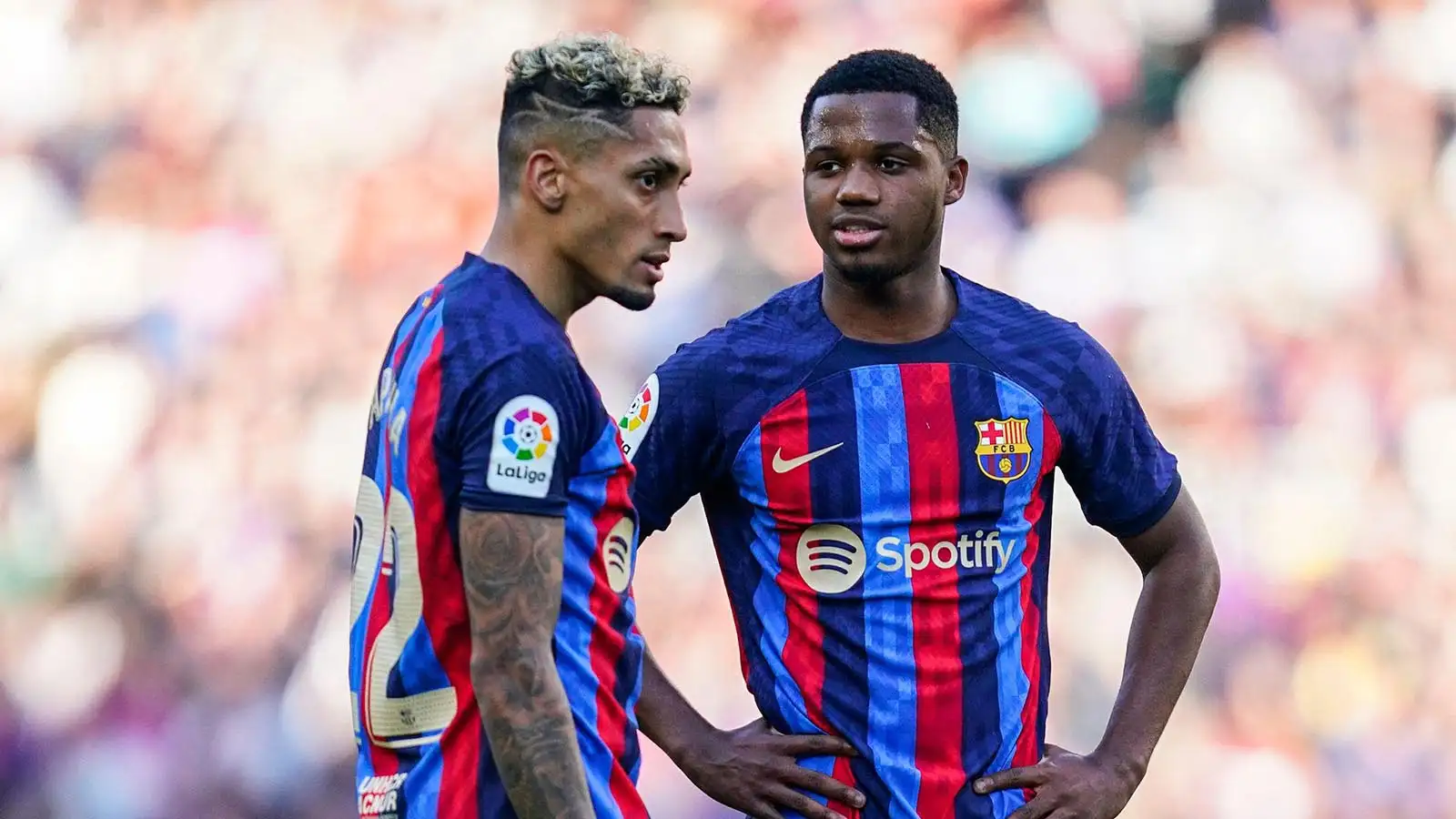 Raphael Dias Belloli Raphinha and Ansu Fati of FC Barcelona during the La Liga match between FC Barcelona and Valencia CF played at Spotify Camp Nou Stadium on March 05, 2023 in Barcelona, Spain.