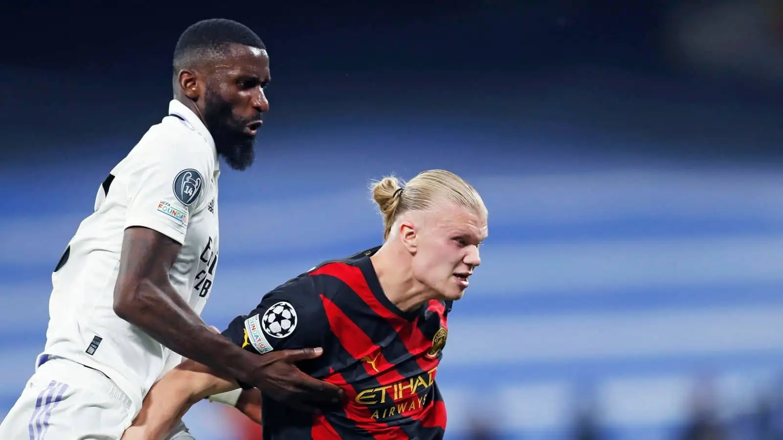 Antonio Rudiger and Erling Haaland during Real Madrid v manchester City in Champions League semi-final first leg at the Bernabeu