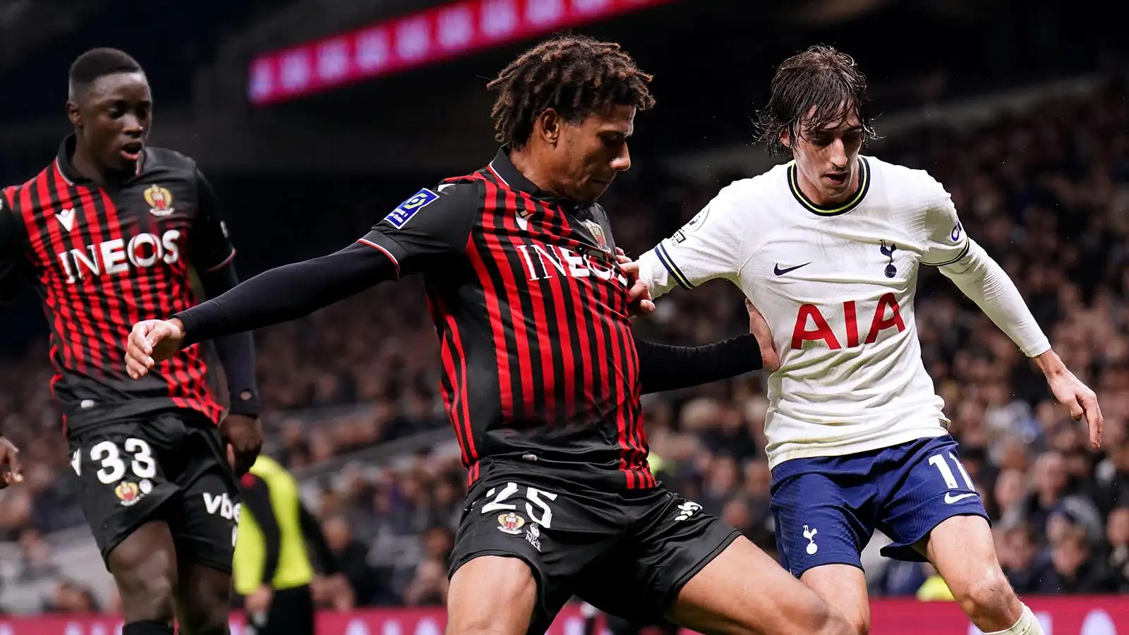 Tottenham Hotspur's Bryan Gil (right) and Nice's Jean-Clair Todibo battle for the ball during a friendly match at the Tottenham Hotspur Stadium, London. Picture date: Wednesday December 21, 2022