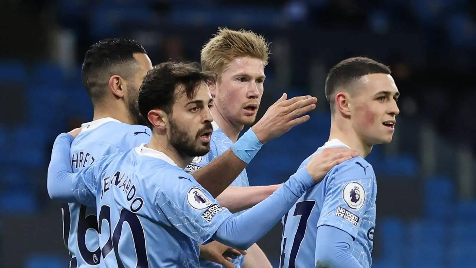 Bernardo Silva, Kevin de Bruyne and Phil Foden of Man City